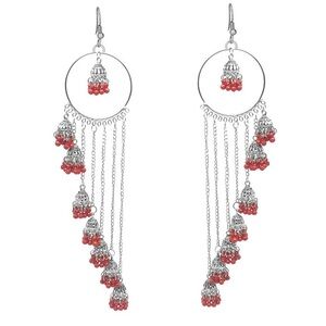 Elegant Silver Colour and Red Kashmiri Earrings